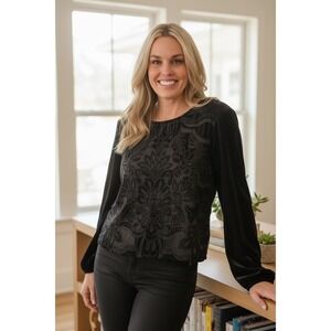 Black Damask Velvet Burnout Long Sleeve Crew Neck Blouse Top Women
